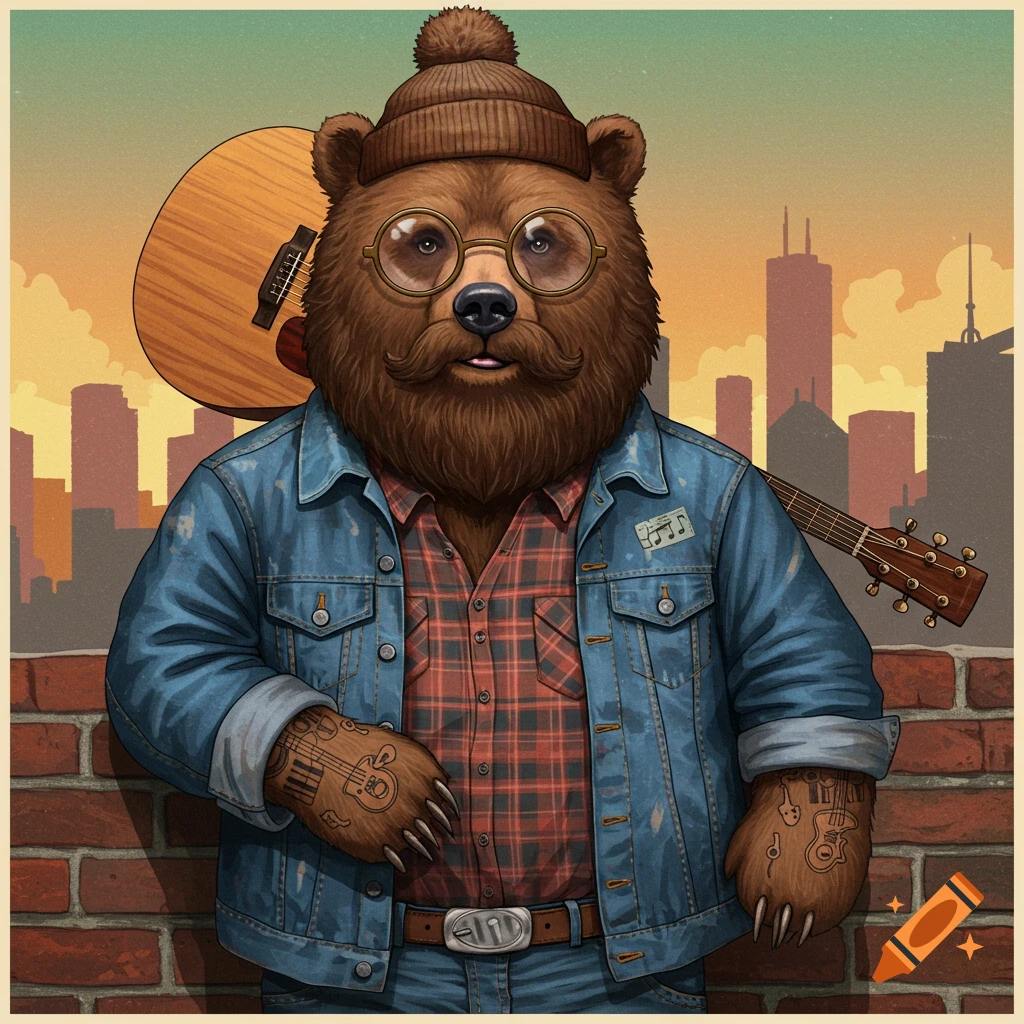 Illustration of a hipster bear wearing glasses, a beanie, plaid shirt, and denim jacket, holding a guitar, with a city skyline.