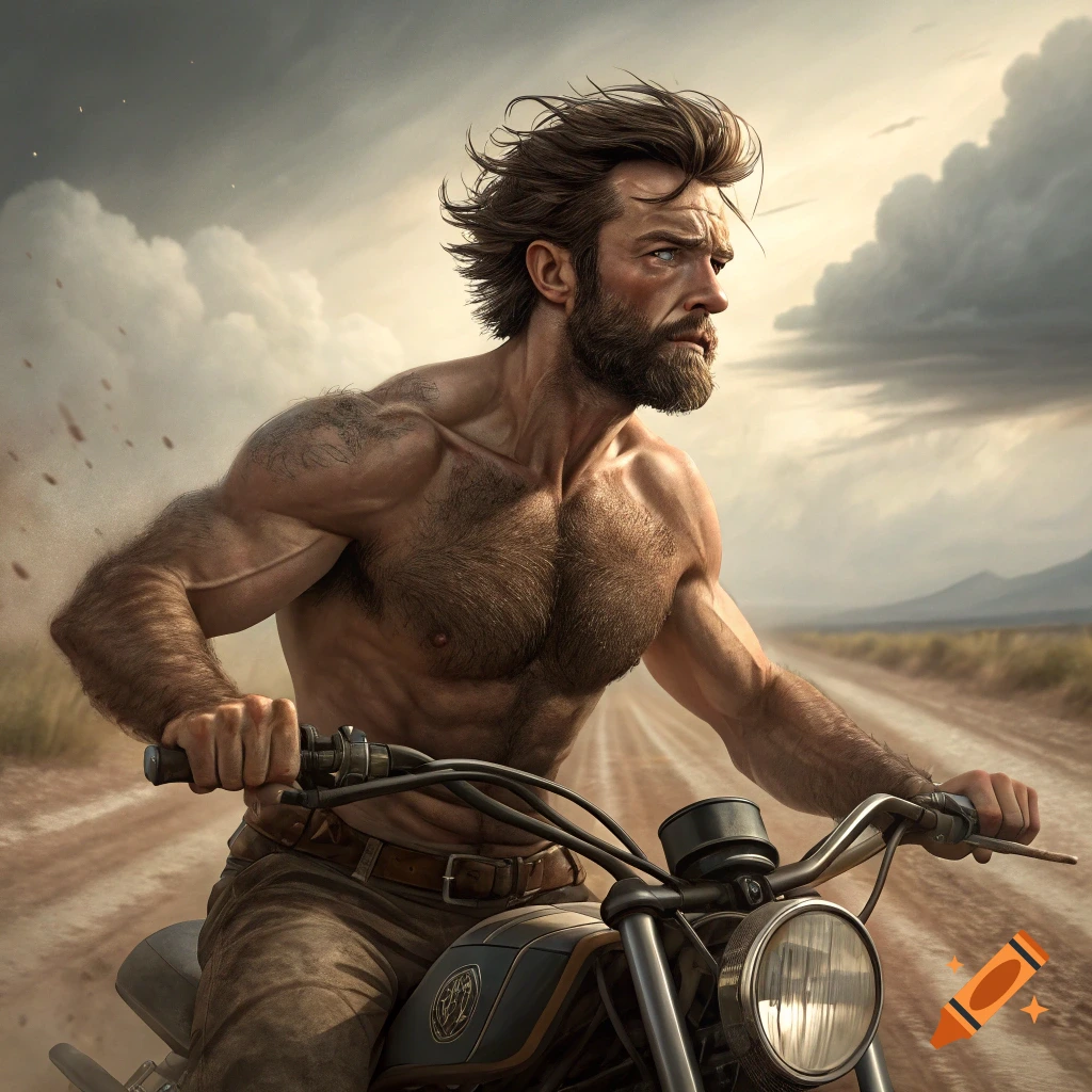 A shirtless, hairy man rides a motorcycle on a dirt road under a cloudy sky.