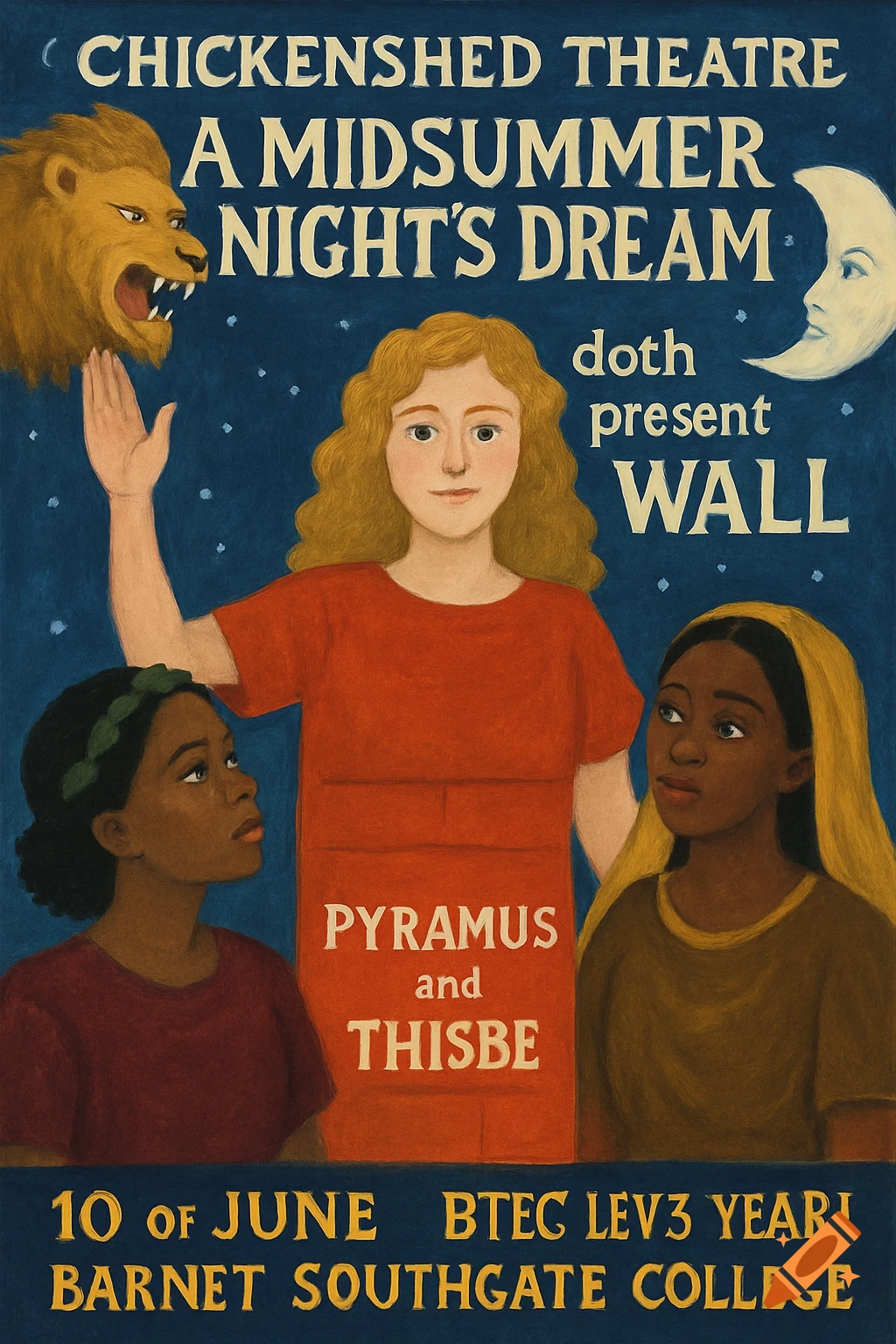 Illustrated poster for A Midsummer Night's Dream featuring a lion head, a crescent moon face, a girl dressed as a wall, and two girls representing Pyramus and Thisbe.