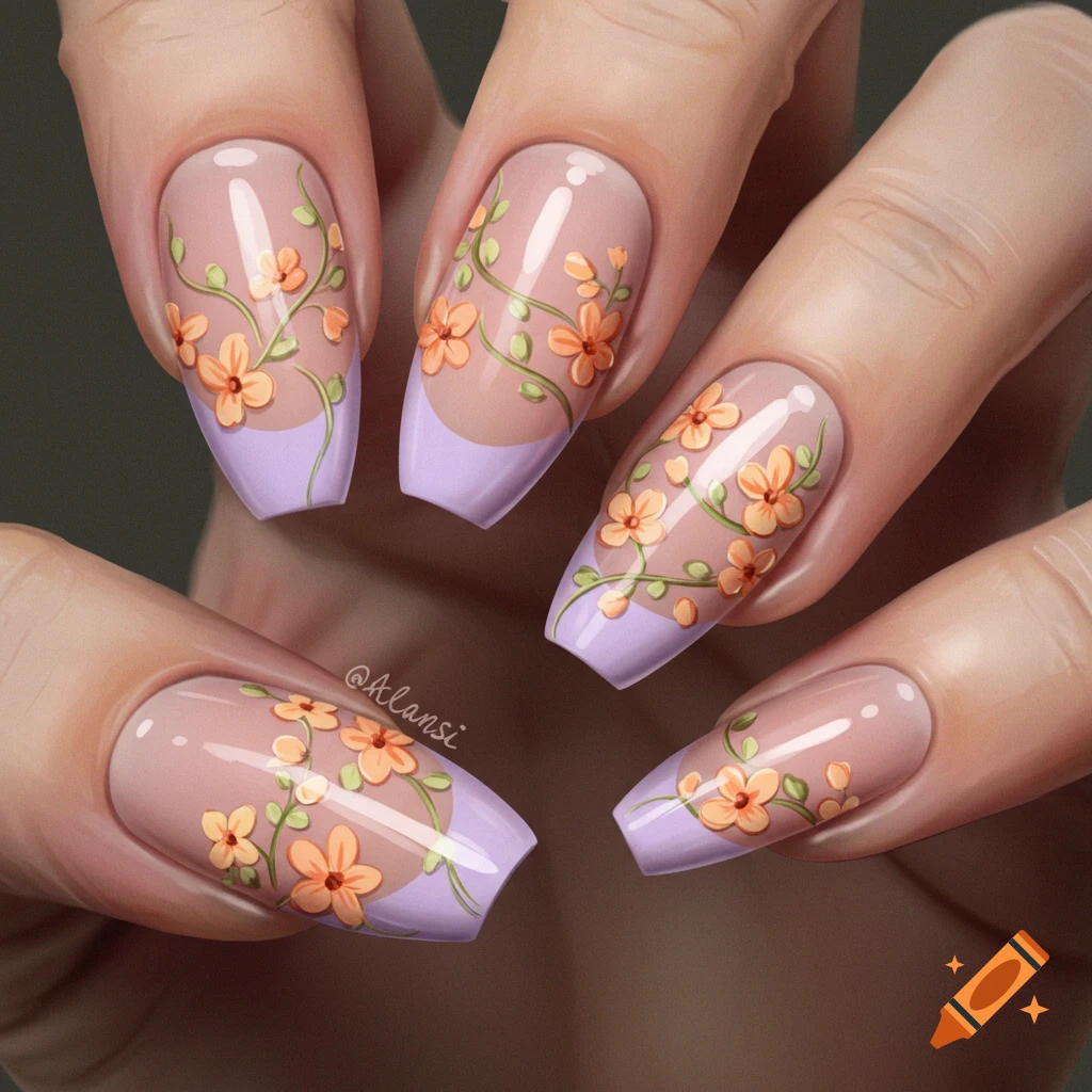 Close-up of nails with nude to light purple french tips, orange flowers, and green vines.