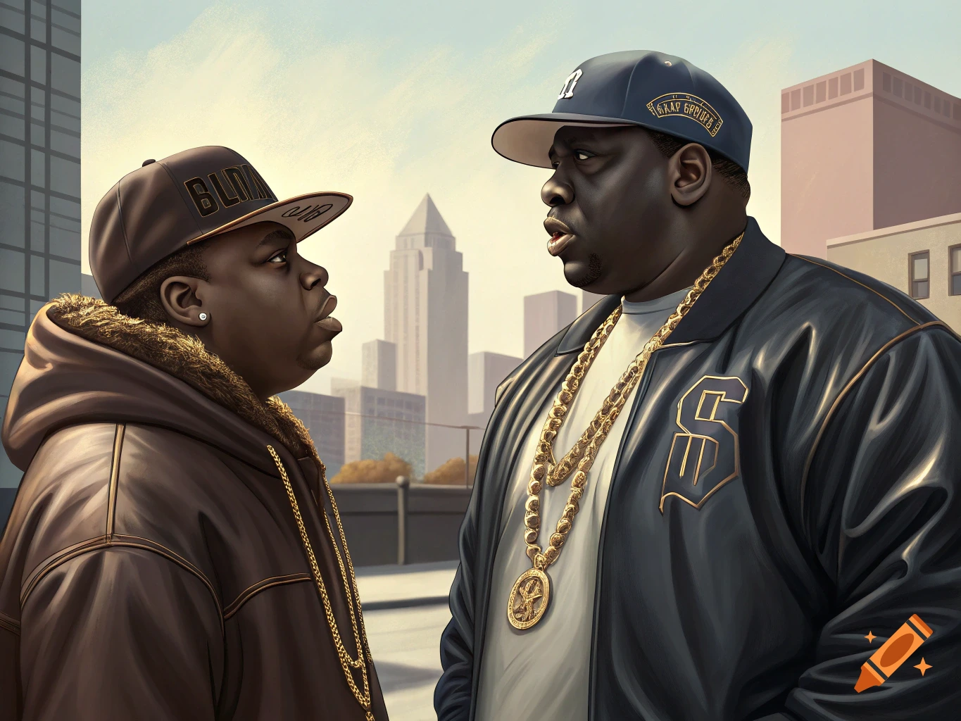 Two men resembling Biggie Smalls and BigXthaPlug stand facing each other in a city, wearing hats, chains, and jackets.