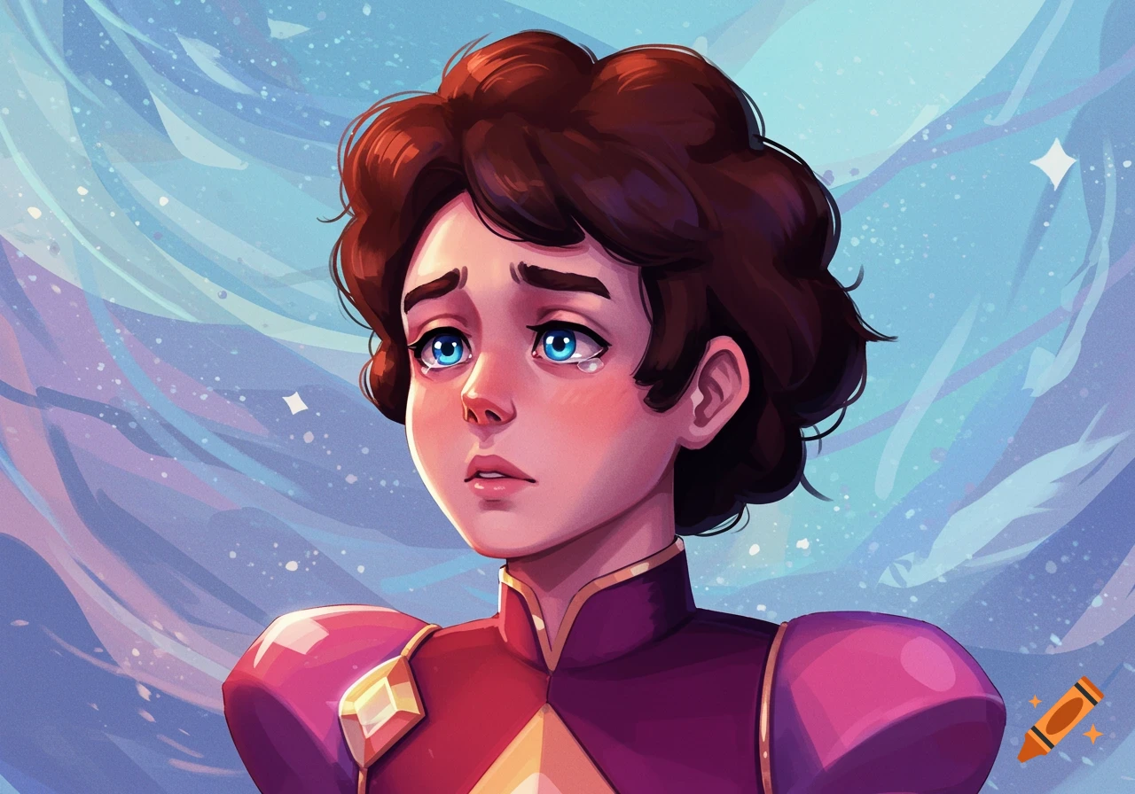 Cartoon character in a heroic outfit with tears in their eyes against a swirling starry background.