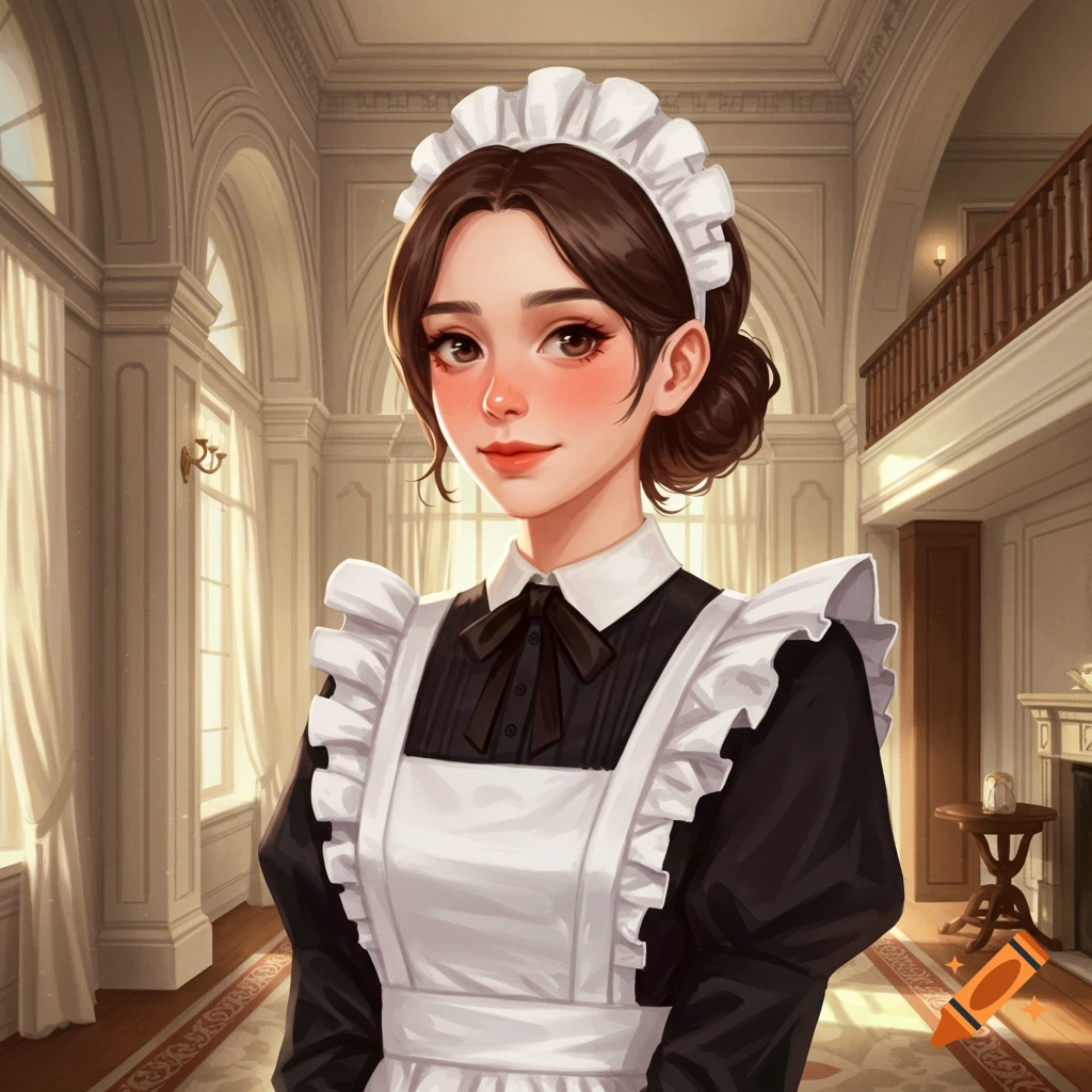 Anime-style illustration of a woman dressed as a maid standing in a mansion.