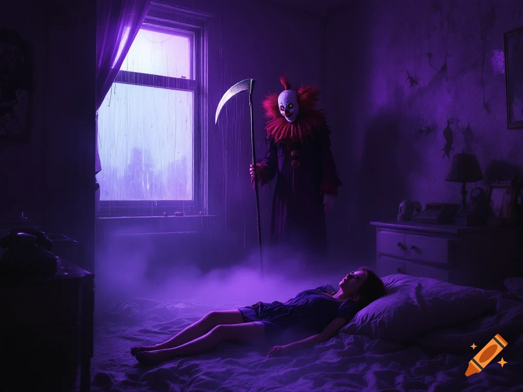 A creepy clown figure stands over a person lying on a bed in a dark room with a scythe, bathed in purple light.