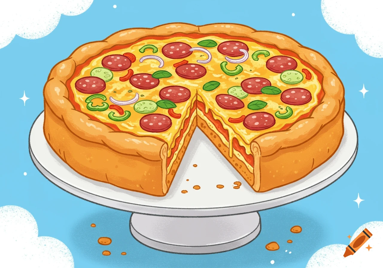 A cartoon deep-dish pizza is presented like a cake on a stand, with a slice removed.