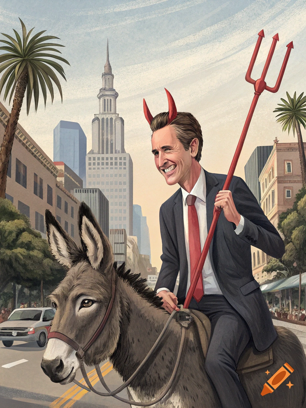 Caricature of a man resembling Gavin Newsom with devil horns and pitchfork riding a donkey in a city.