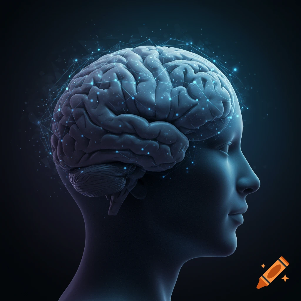 Profile of a human head with a glowing network connecting the brain.