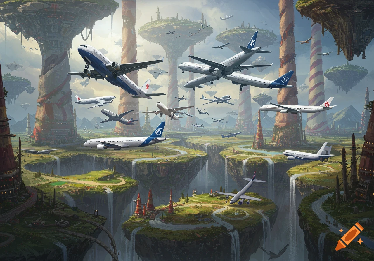 Many airplanes fly among floating islands and tall towers in a fantastical landscape with waterfalls.