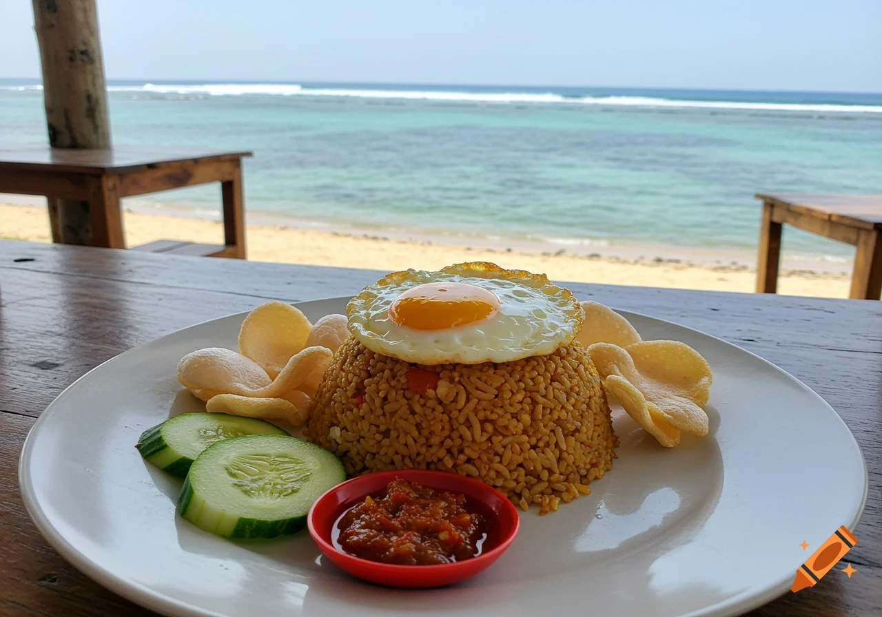 Nasi Goreng with egg, cucumber, and sambal on a table overlooking a beach and ocean.