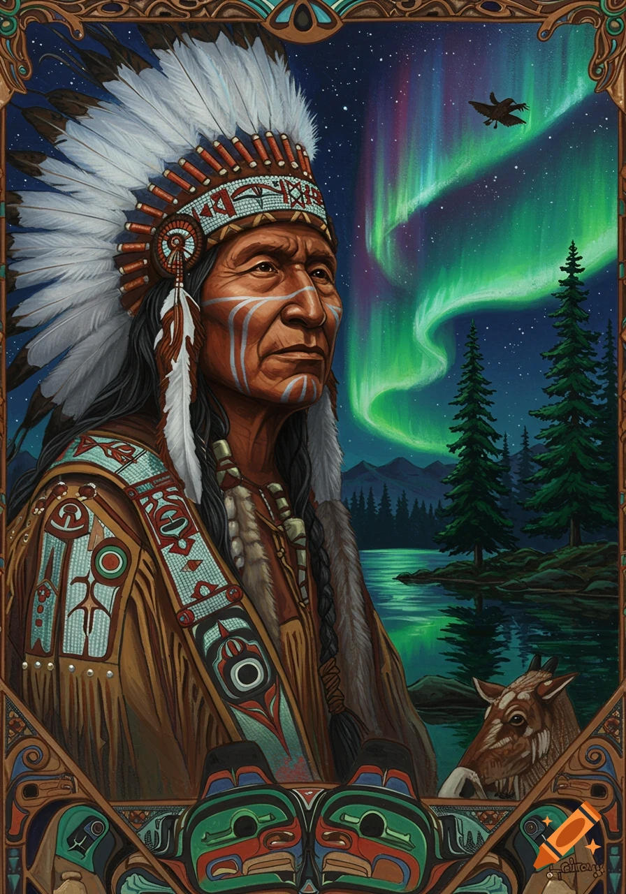Painting of an indigenous person in traditional dress and headdress under the aurora borealis.