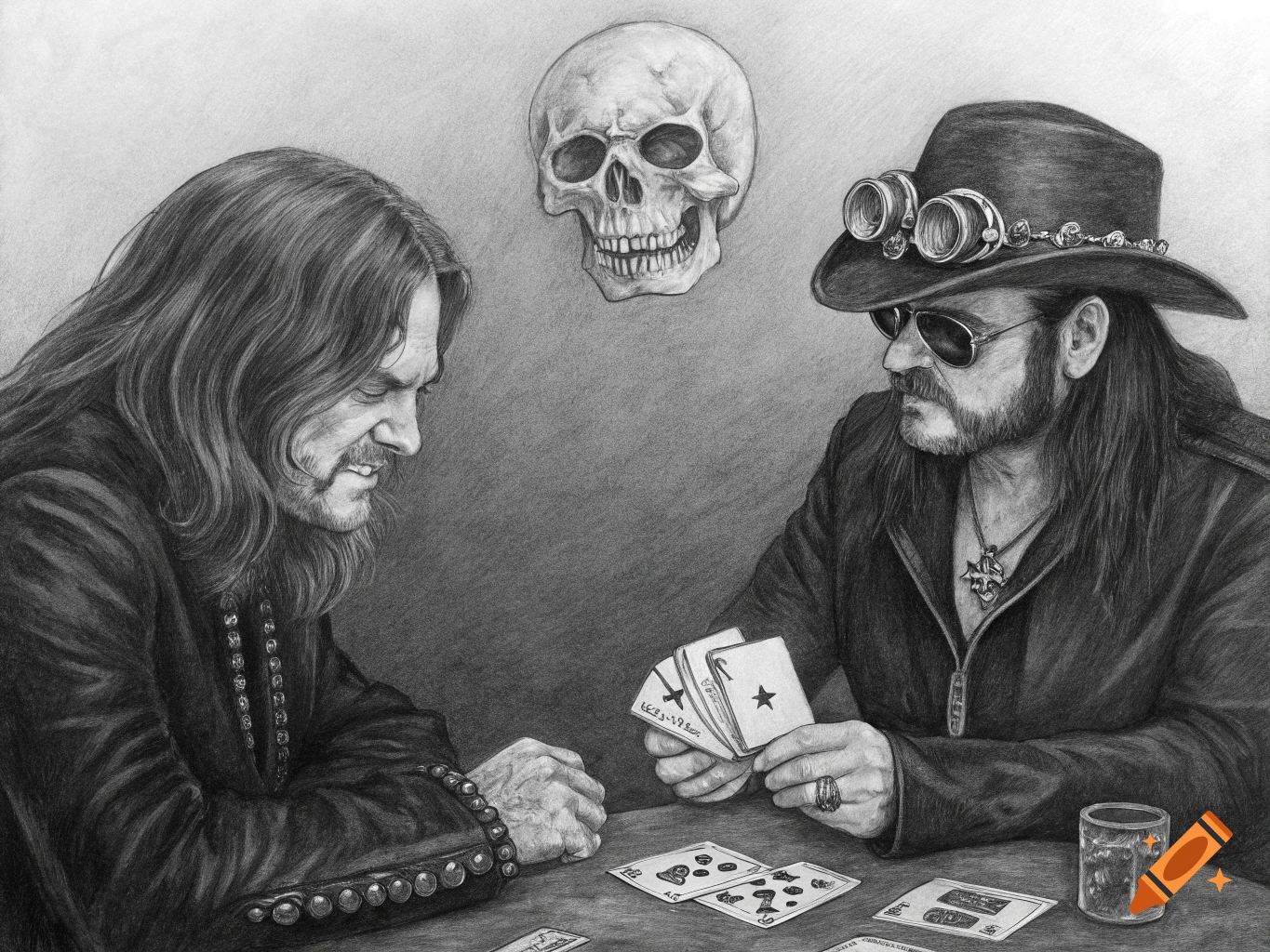 Charcoal sketch of Ozzy Osbourne and Lemmy playing cards at a table with a skull on the wall.