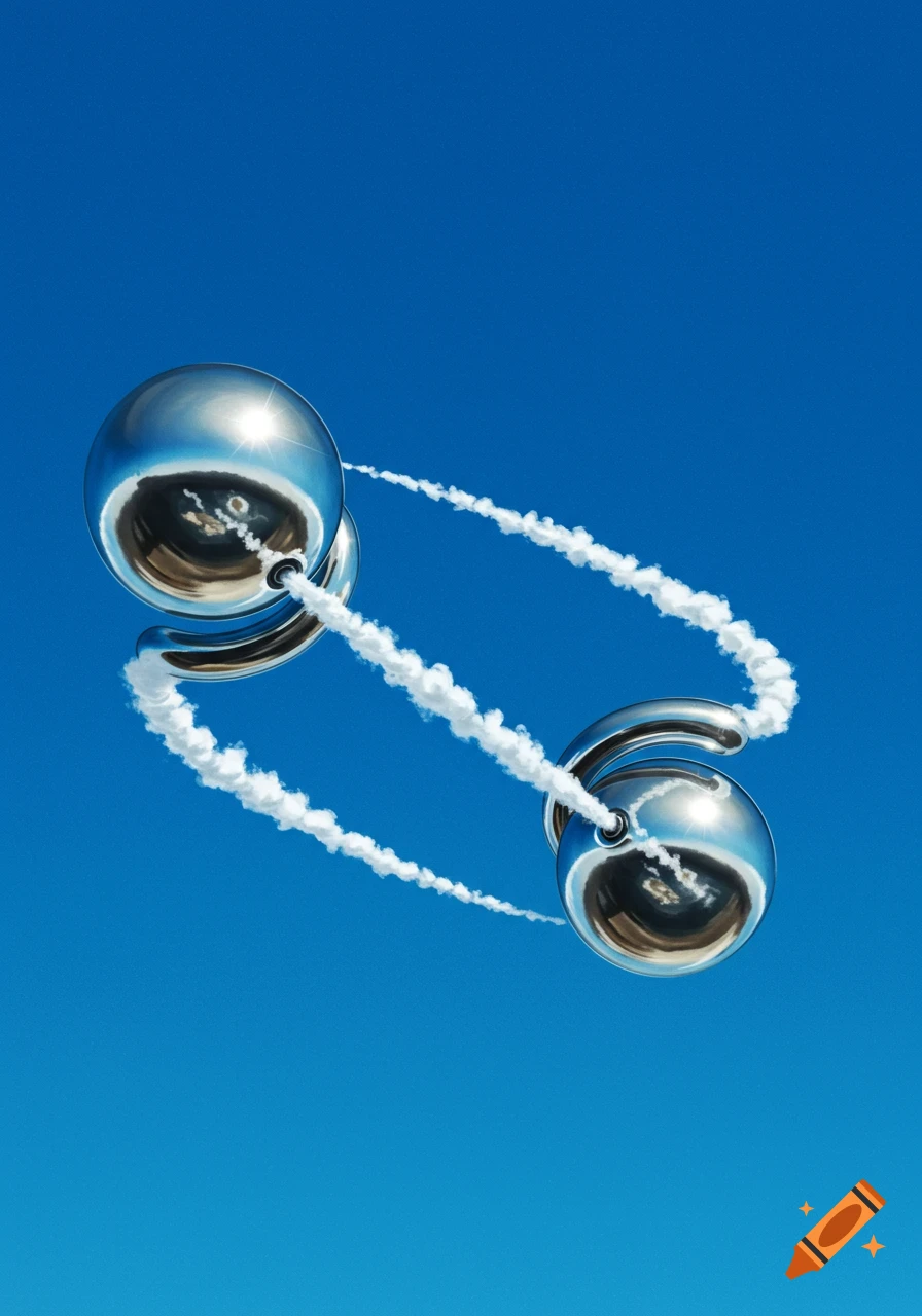 Two silver spheres corkscrewing through a blue sky, leaving white trails