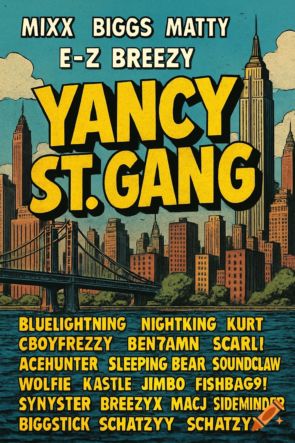 Comic book style poster featuring the text 'YANCY ST. GANG' over a New York City skyline and bridge, with other names listed above and below.