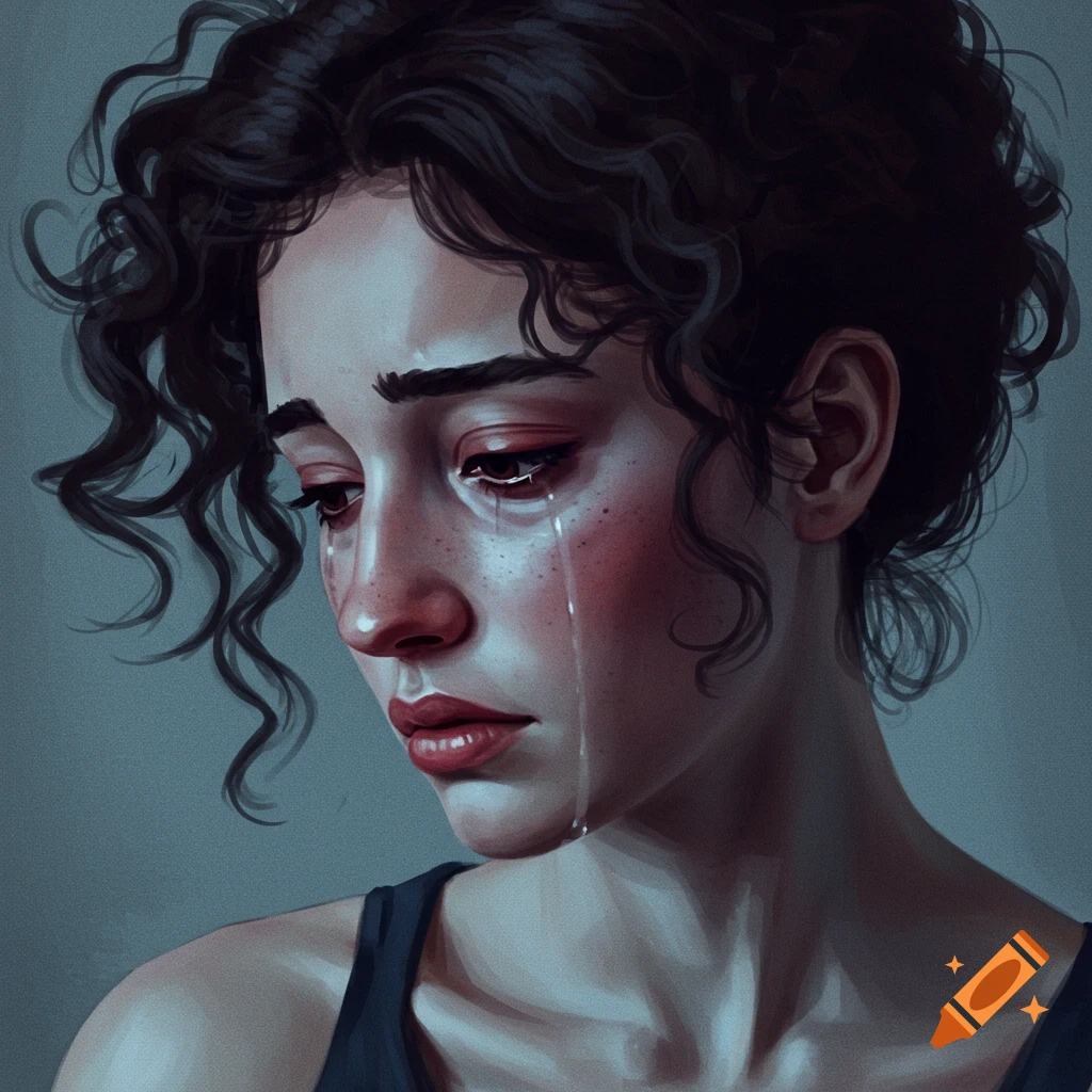 Digital painting of a sad person with curly dark hair, crying.