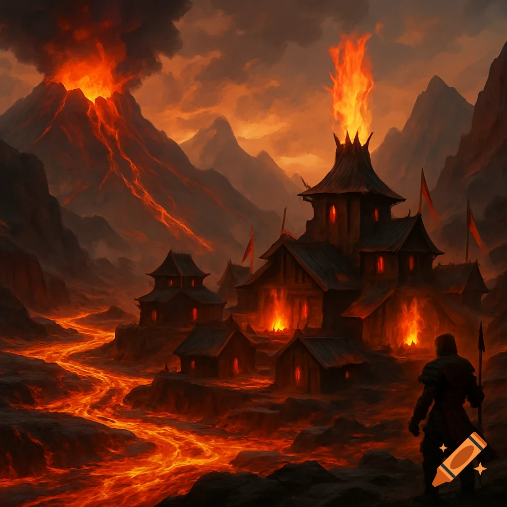 A figure overlooks a dark fantasy village nestled beside a volcano erupting with lava flows