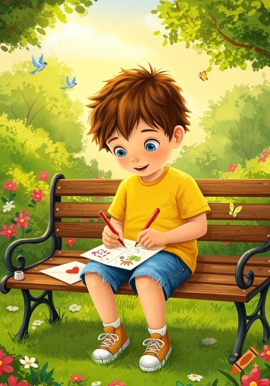 Cartoon boy drawing on a card in a park setting with trees, flowers, and birds.