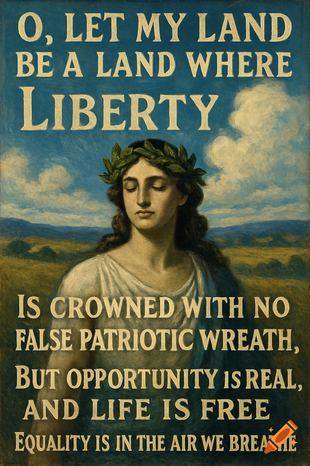 Painting of a woman personifying Liberty with text about freedom and equality.