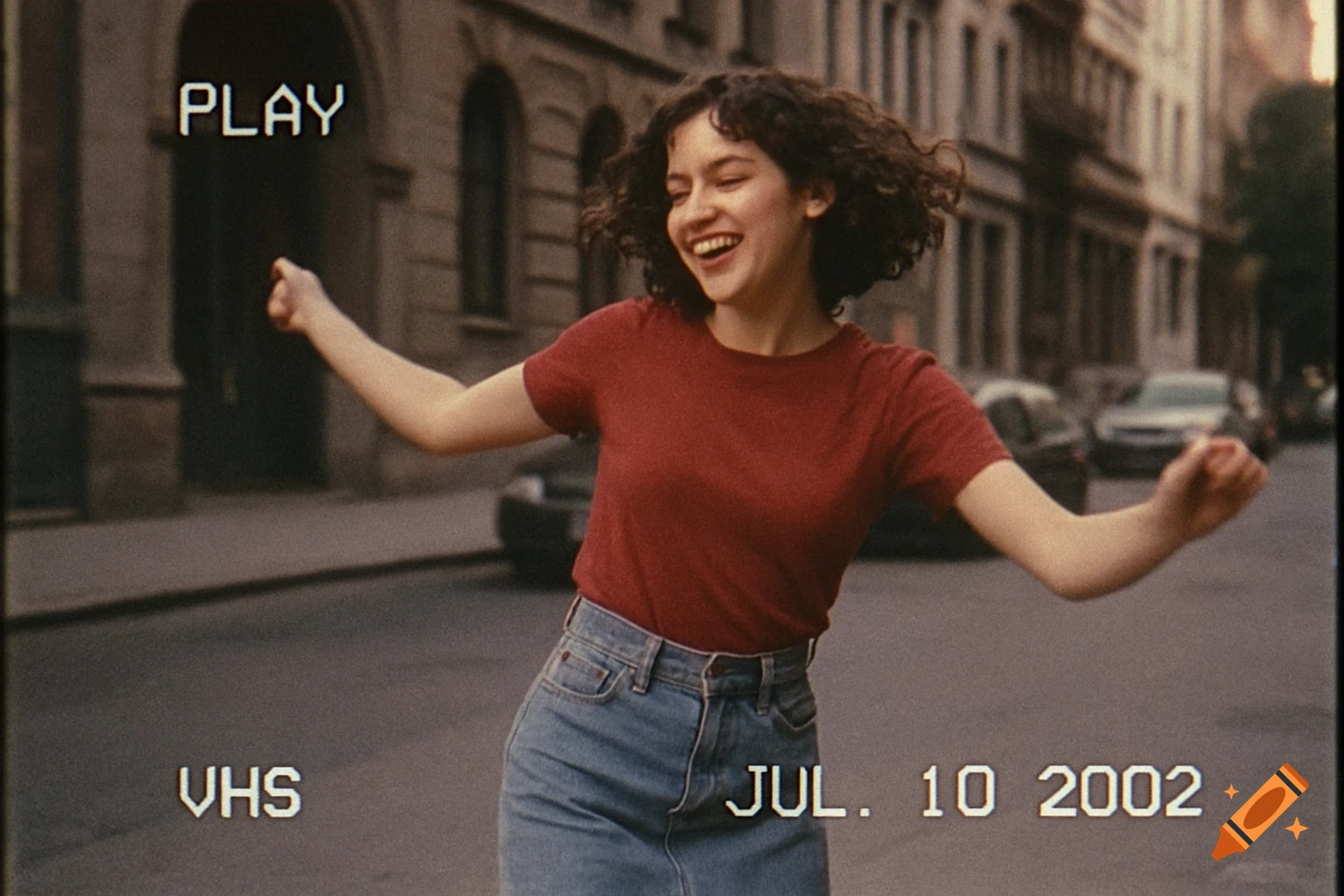 A woman dances on a street, seen through a VHS camera view with date overlay.