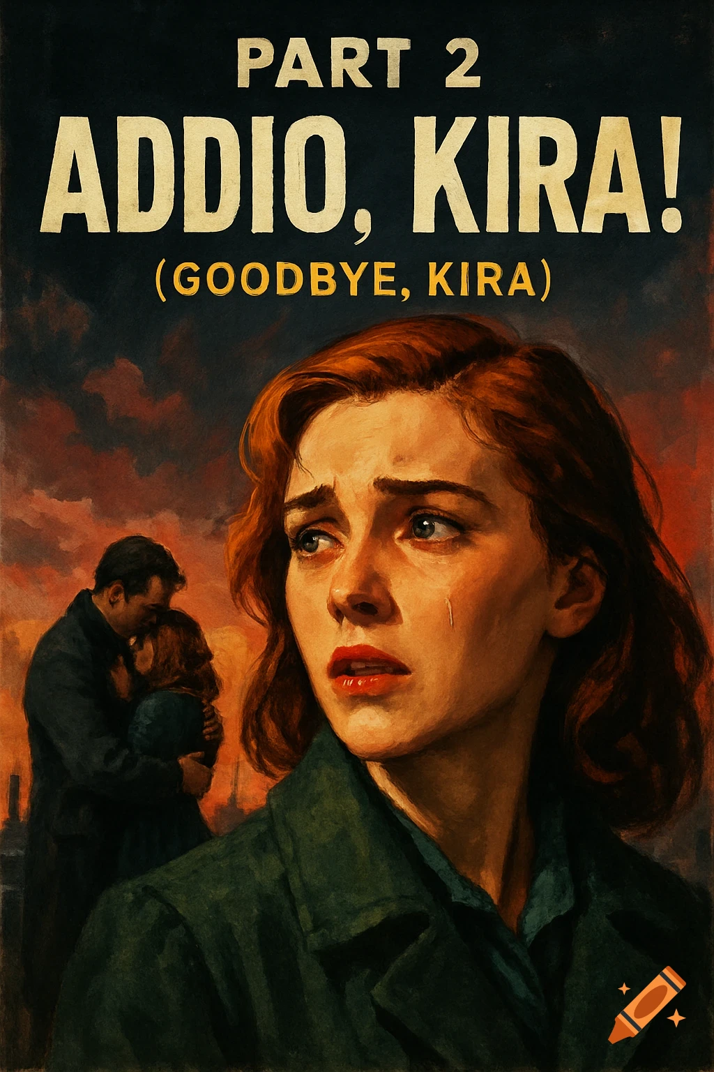 Movie poster with a crying woman in the foreground and a couple embracing in the background. Text says 'Part 2: Addio, Kira! (Goodbye, Kira)'