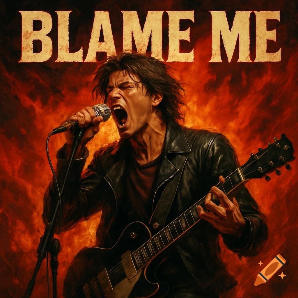Rock singer screaming into microphone and playing guitar, with 'BLAME ME' text and fiery background (album cover style).