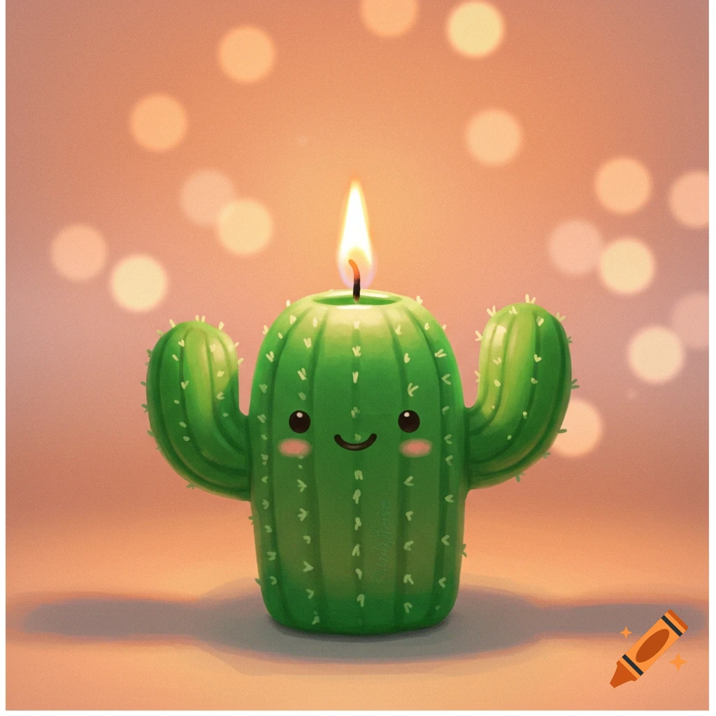 A cute green cactus-shaped candle with a lit wick and a smiling face sits on a surface with bokeh lights.