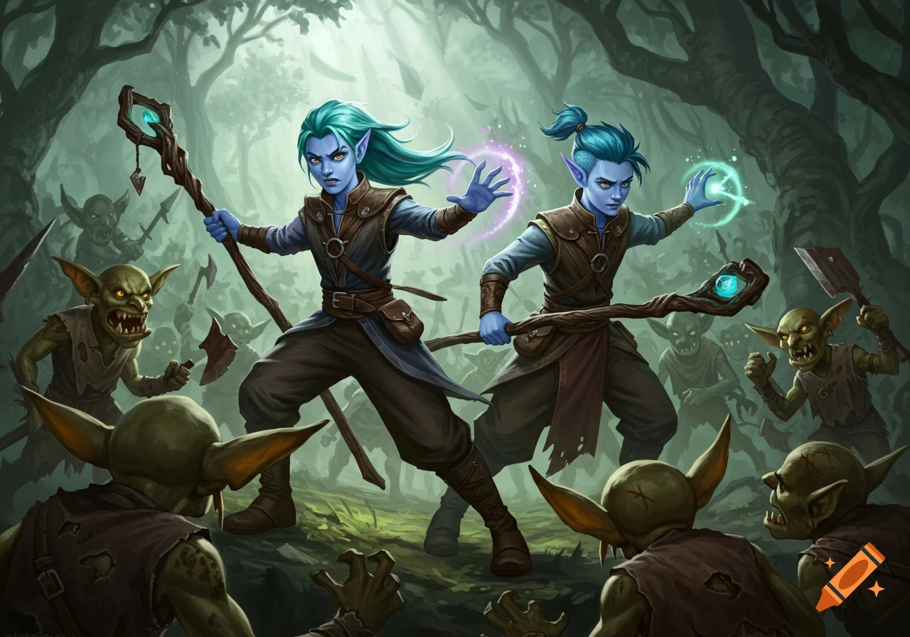 Two blue-skinned wizards fight a horde of goblins in a dark forest clearing.