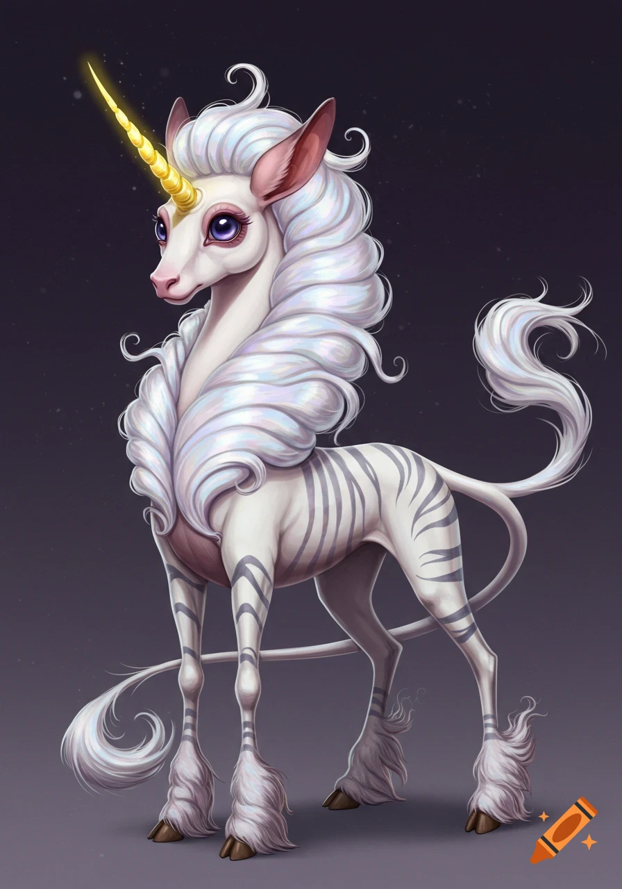 Otherworldly unicorn creature with zebra stripes, long white mane, and golden horn.