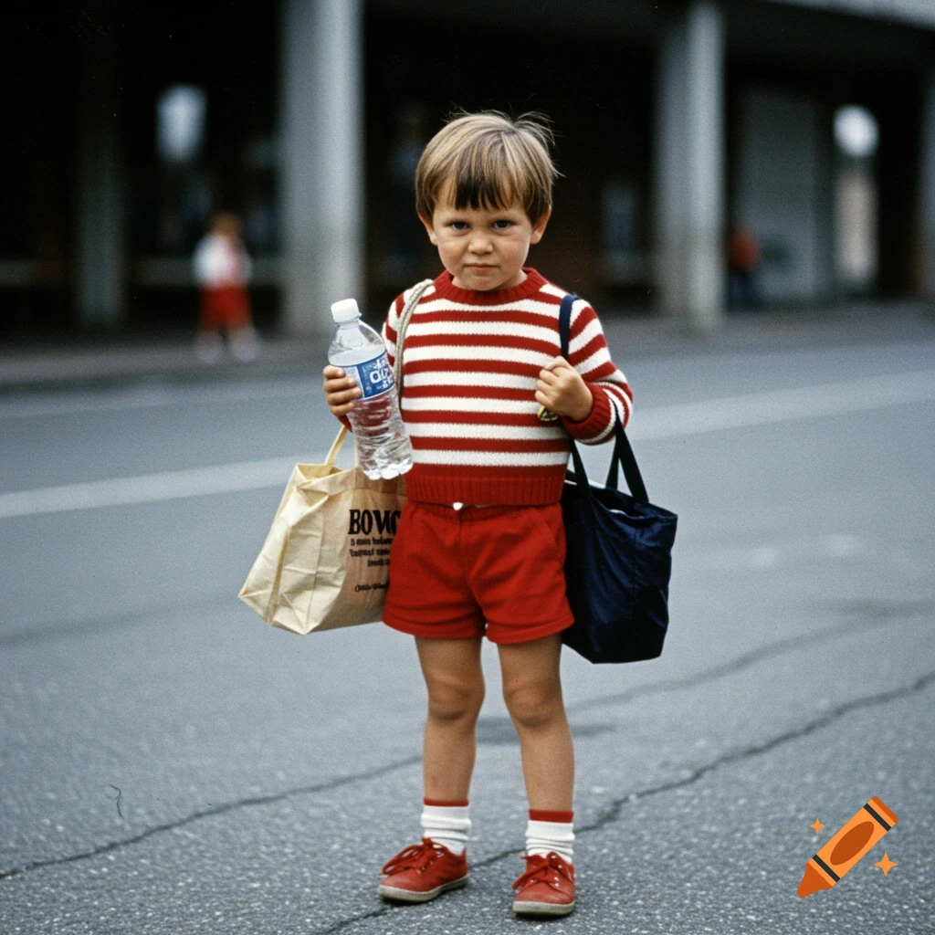Photo of a young boy in a striped sweater holding a water bottle and bags