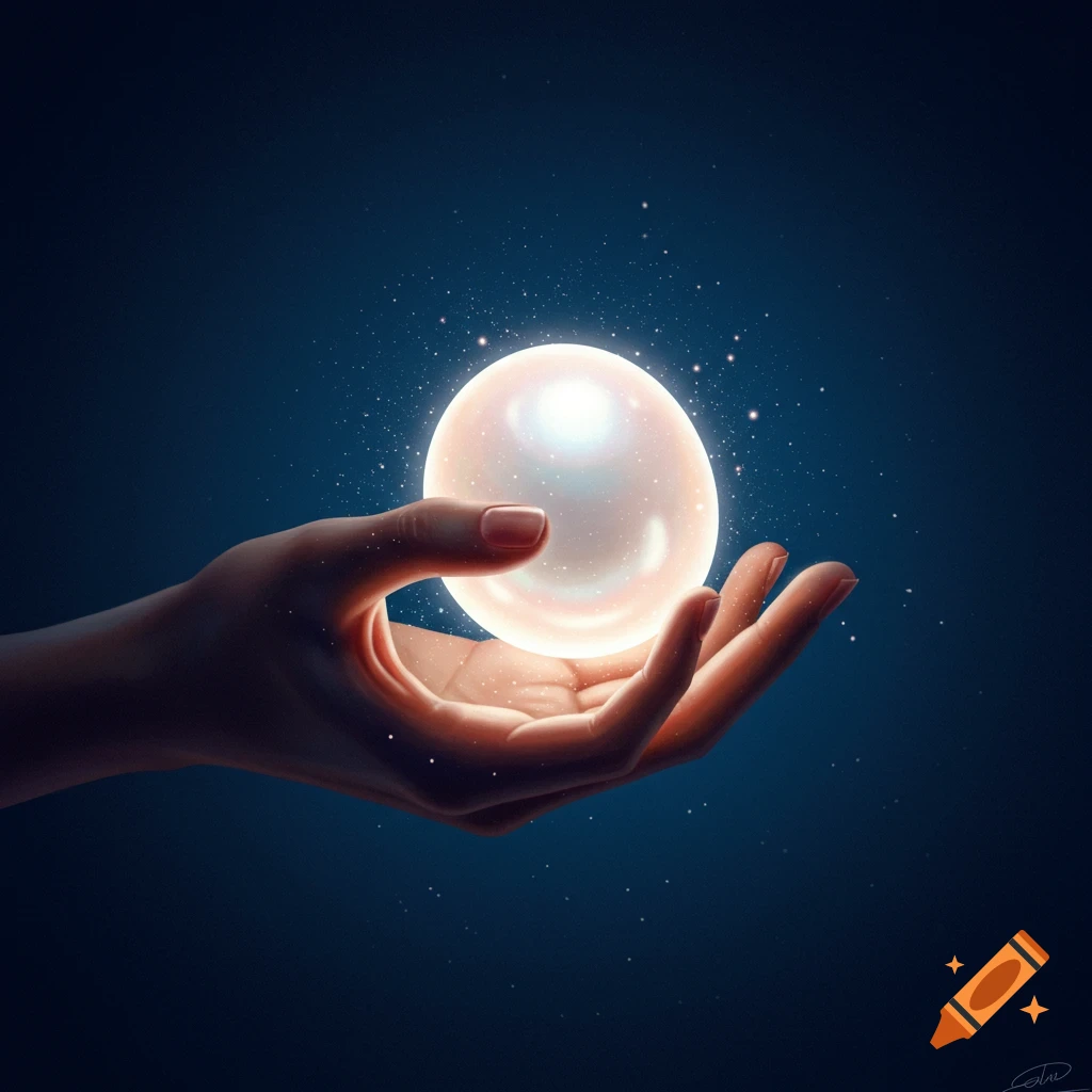 A hand holds a glowing pearl against a dark background.