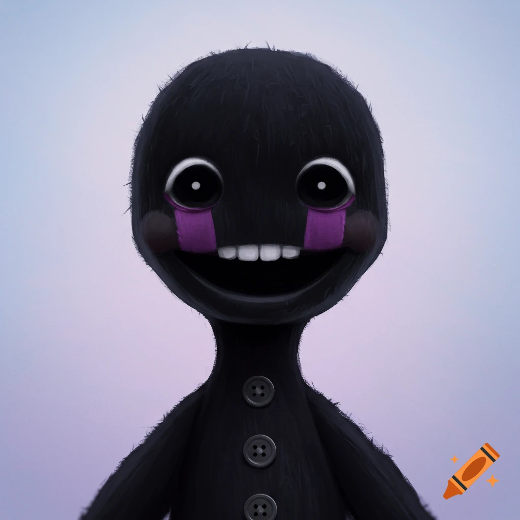 Close-up of a black puppet with button eyes and purple markings under its eyes.