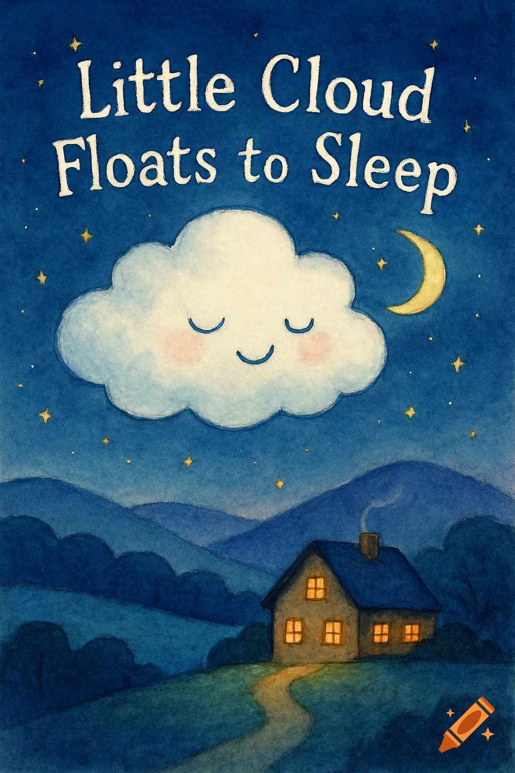 Watercolor illustration of a sleepy cloud over a cozy house at night with text 'Little Cloud Floats to Sleep'.