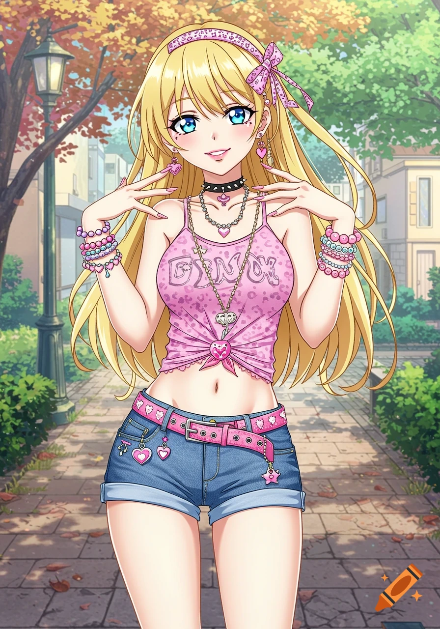 Anime gyaru girl with blonde hair, pink accessories, and jean shorts stands outside in a slice of life setting.
