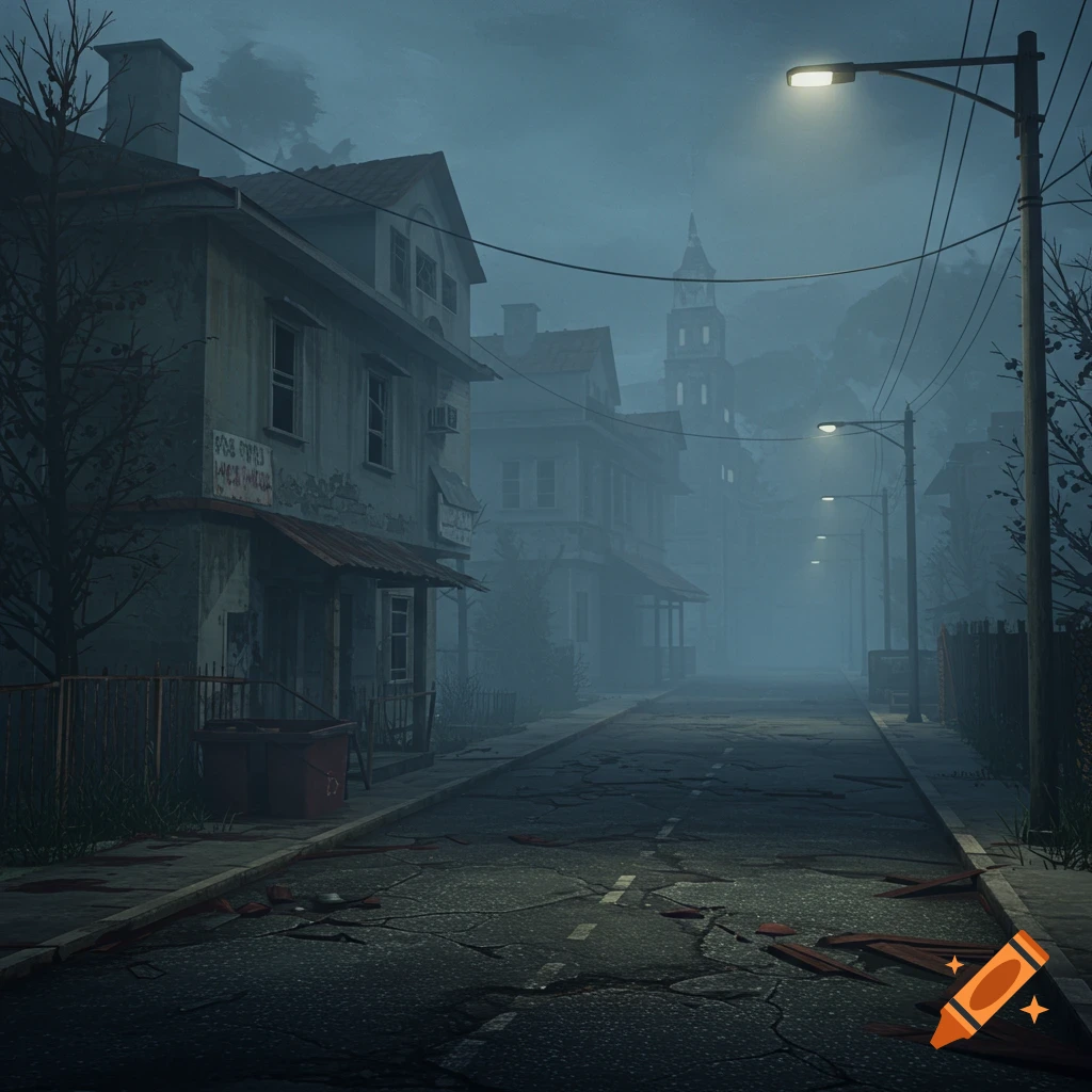 Eerie street scene in a foggy, decaying town at night, with old buildings, debris, and streetlights