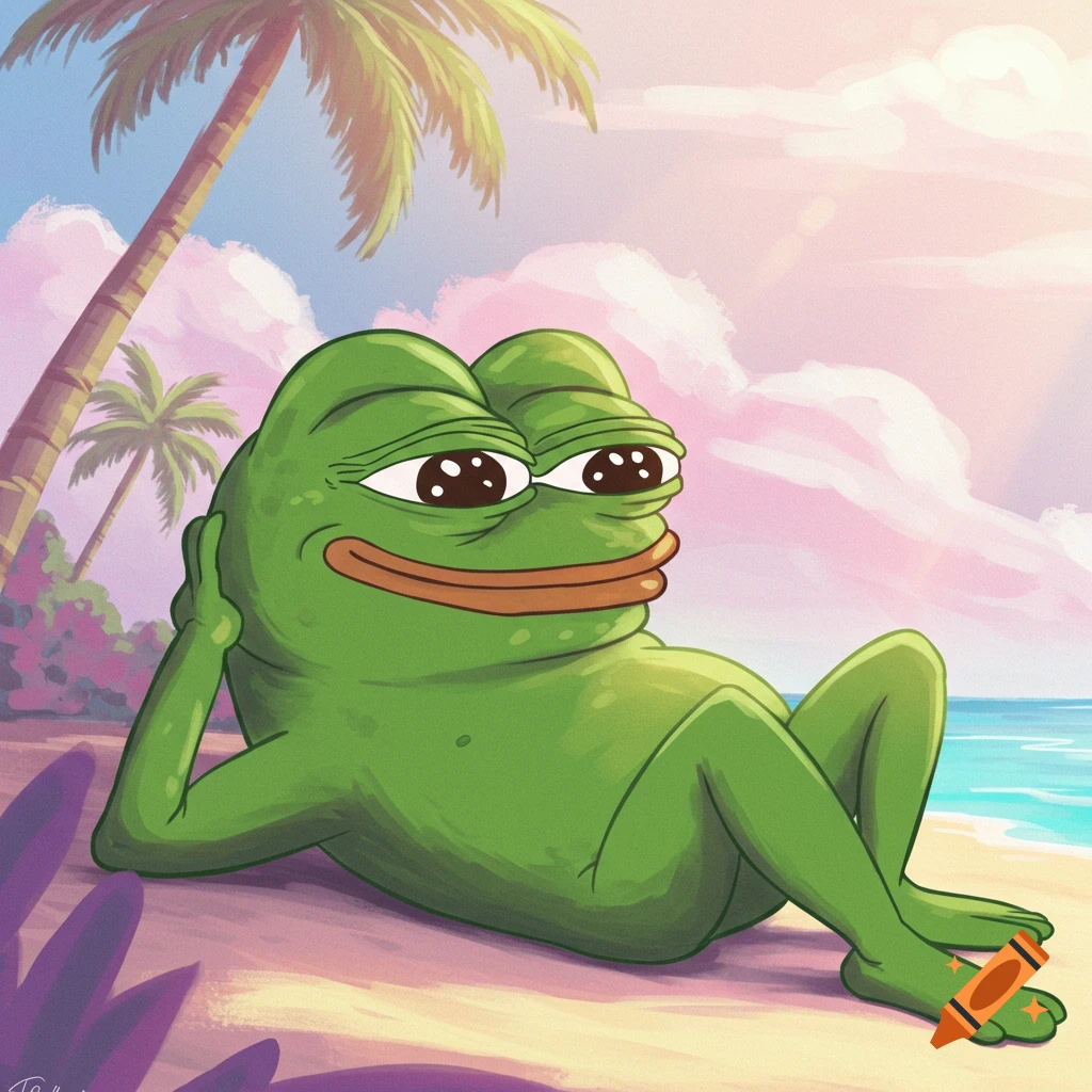 A cartoon illustration of Pepe the Frog relaxing on a beach under a ...