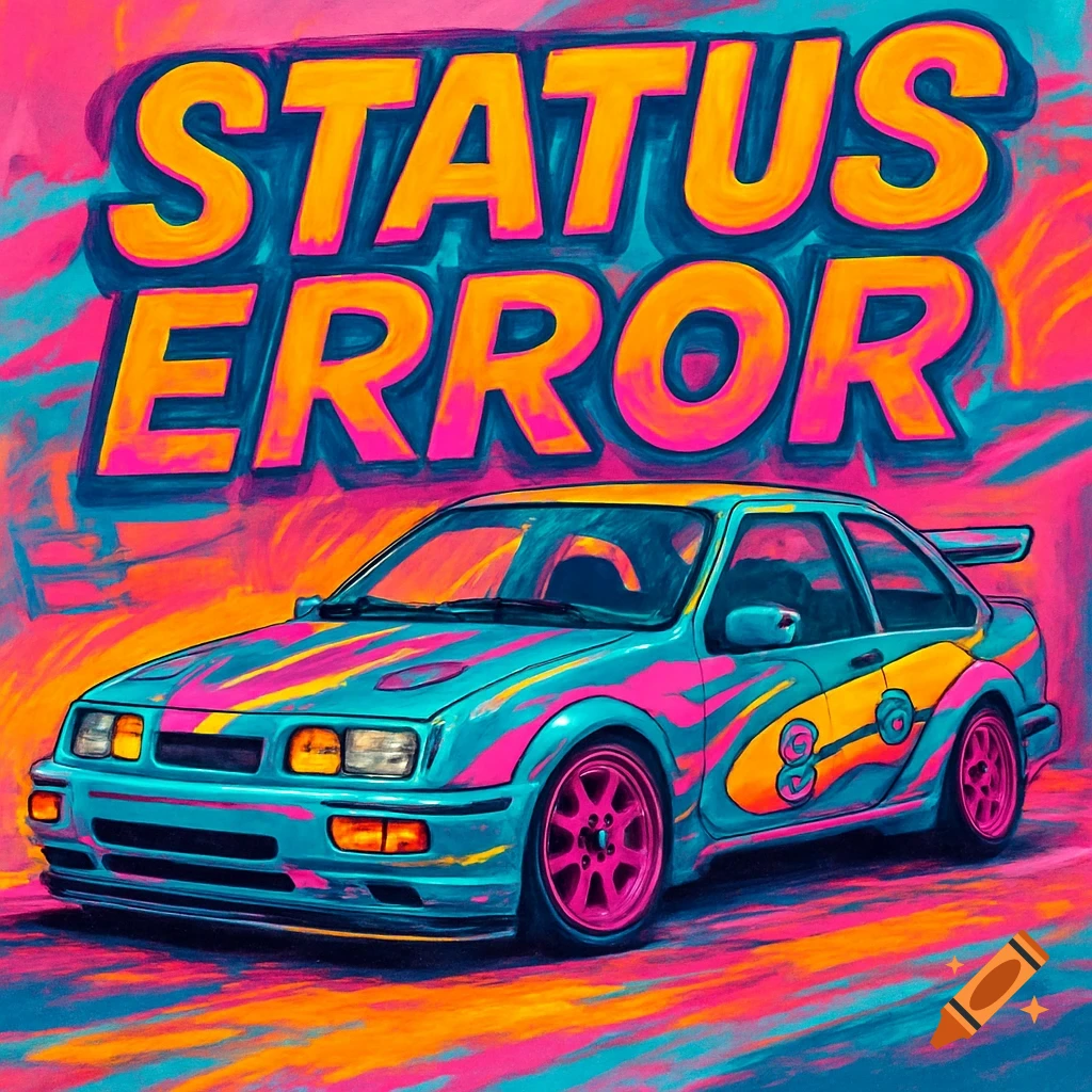 Stylized Ford Sierra Cosworth with 'STATUS ERROR' text in bright 80s vaporwave style