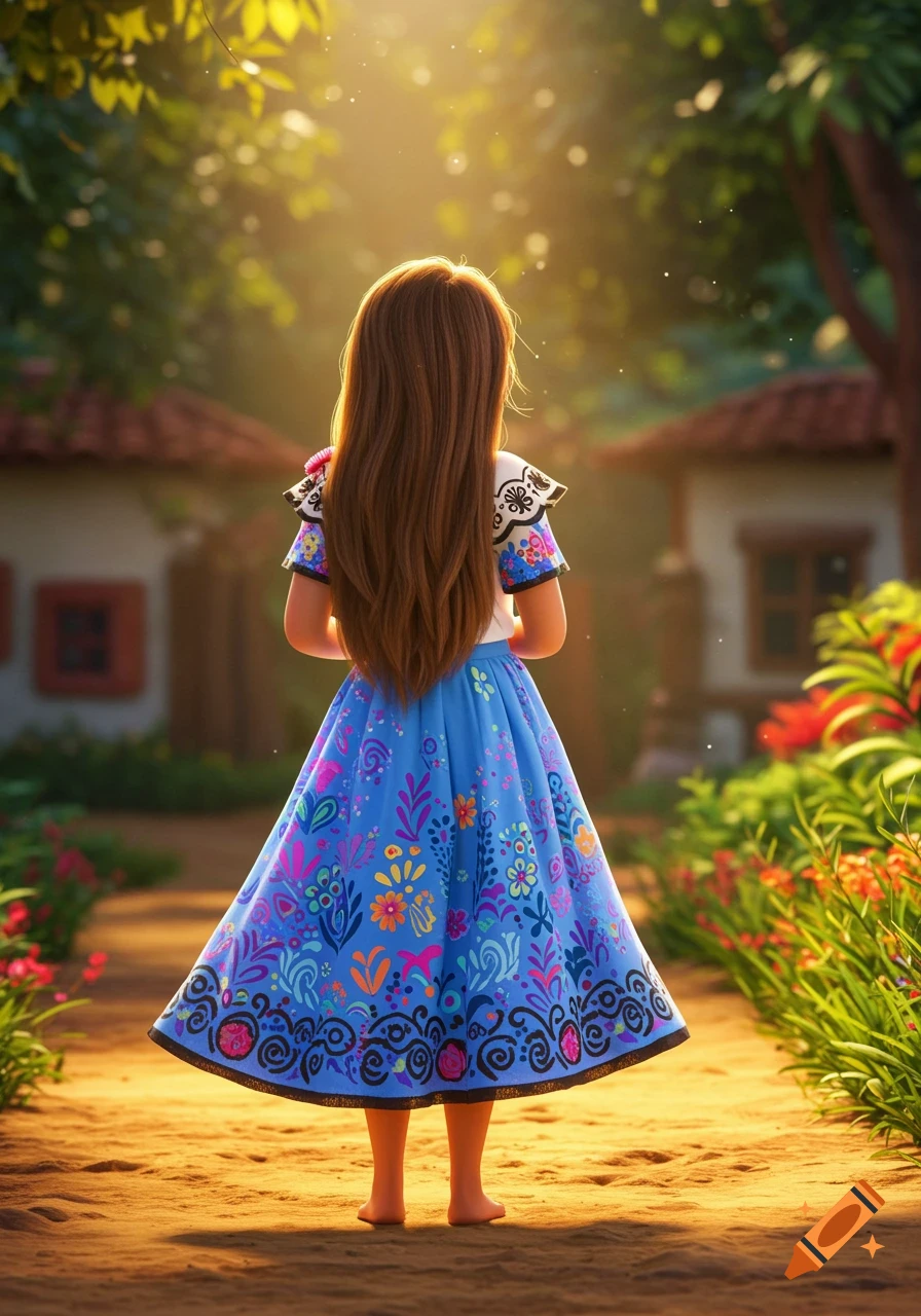 A young girl with long brown hair faces away, wearing a vibrant blue dress with colorful patterns, standing on a sunny path.
