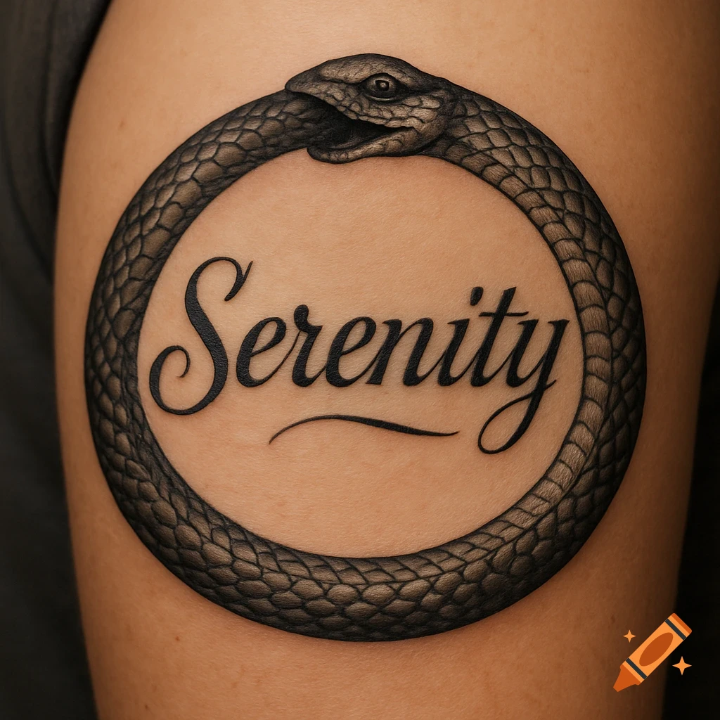 Realistic tattoo of an Ouroboros snake with the word Serenity inside on an arm.