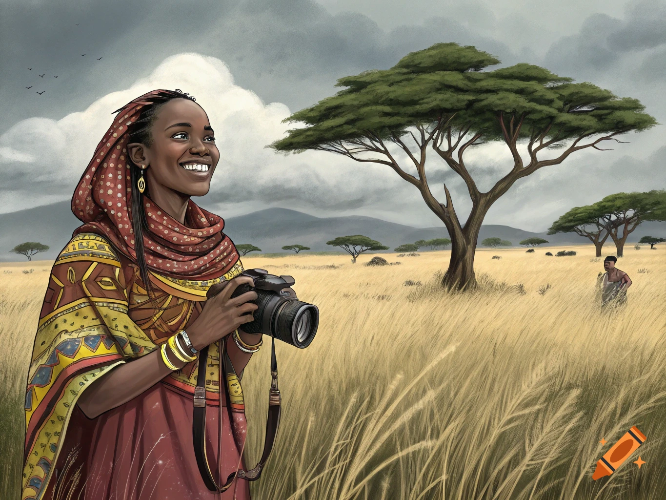 A smiling woman in traditional clothing holds a camera in an African savanna landscape.