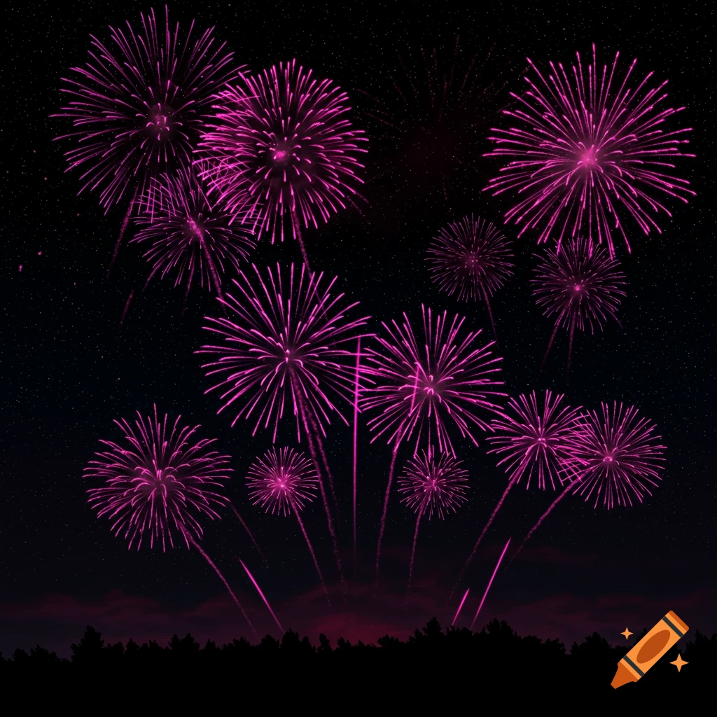 Pink fireworks explode in a starry night sky above a forest silhouette.