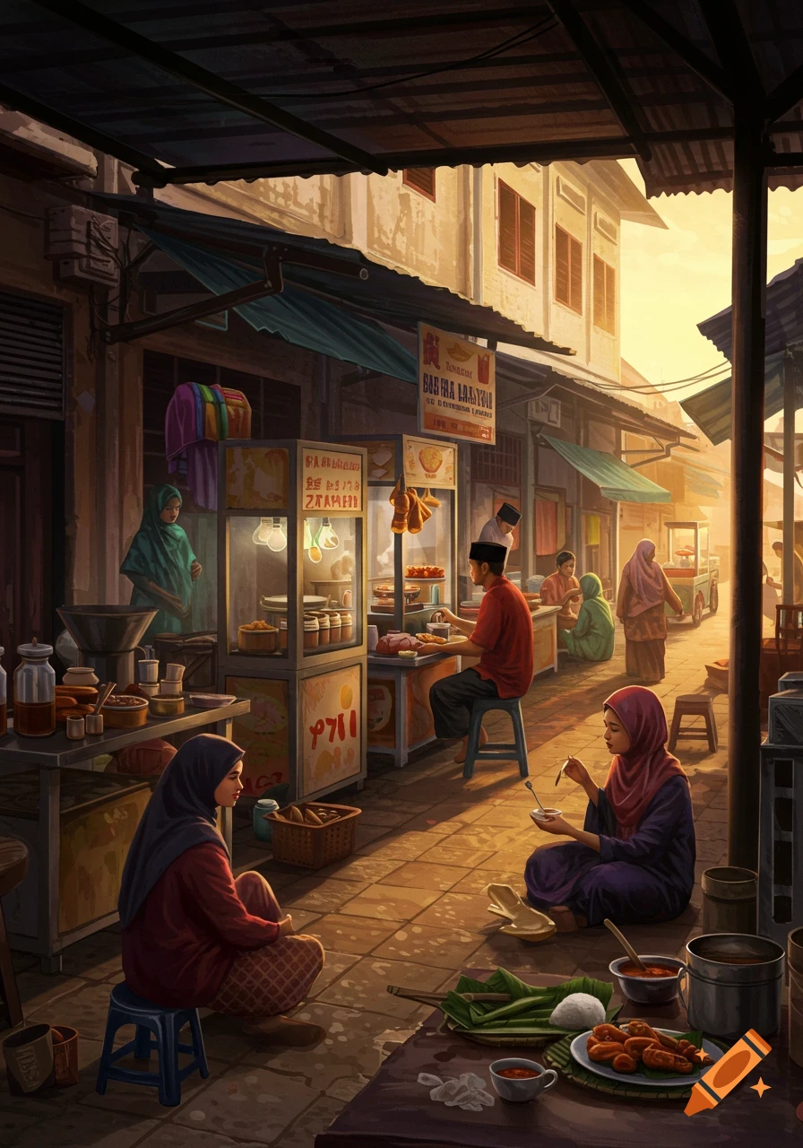 People eating at street food stalls in an Asian market during sunrise or sunset, painted style.