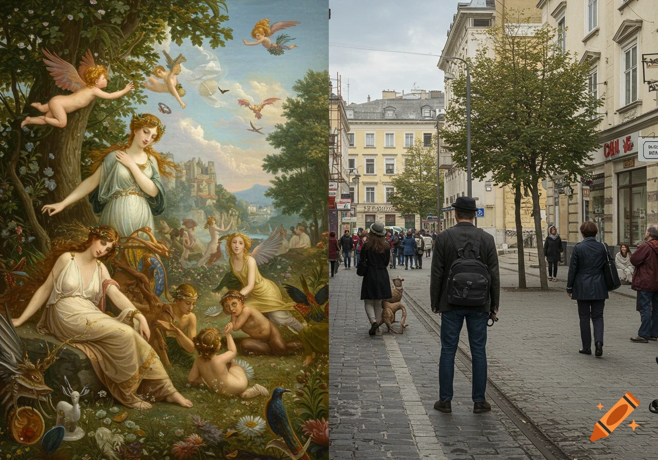 Split image showing a mythological painting on the left and a realistic city street photo on the right.