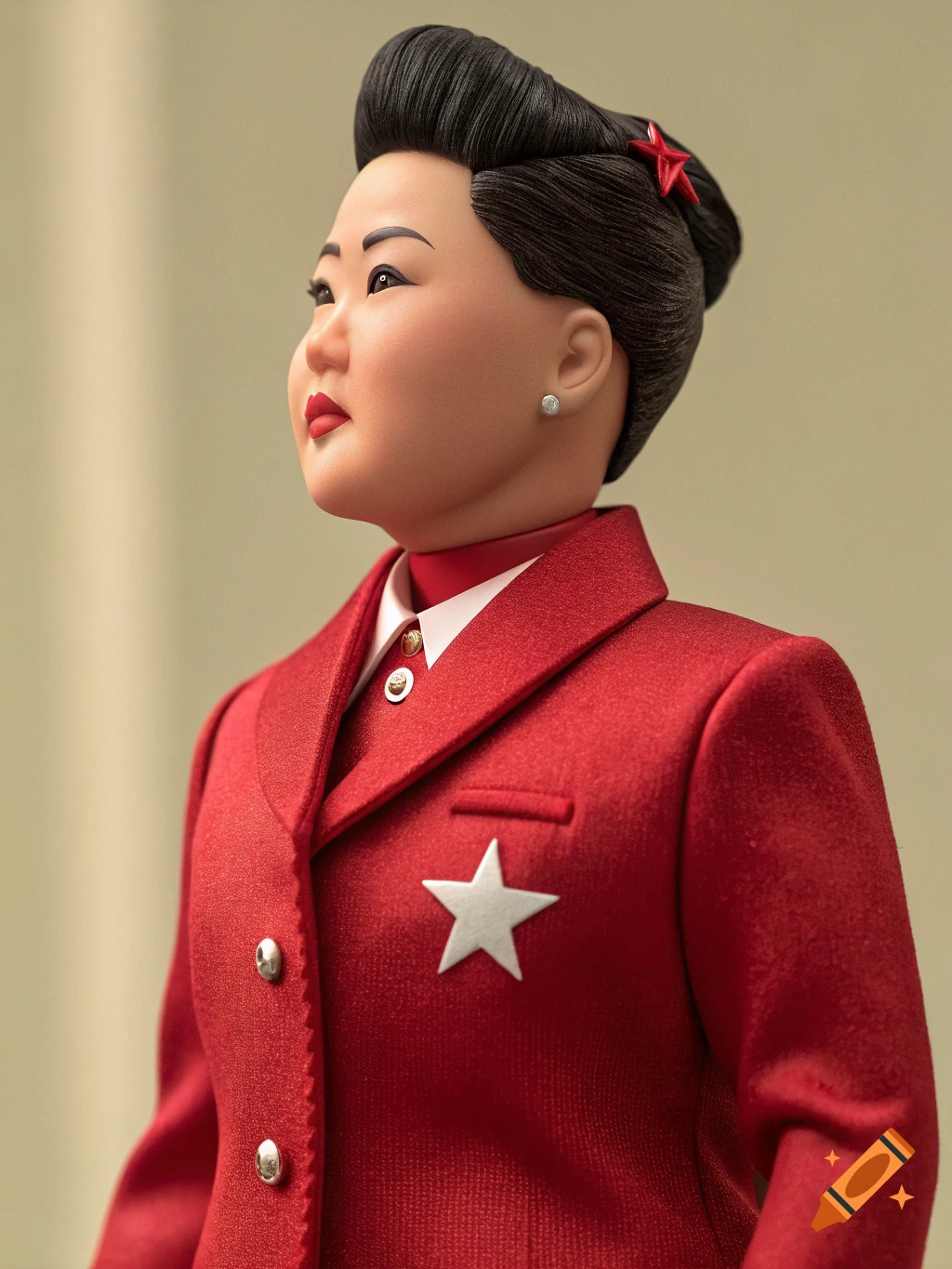 A doll or figurine resembling Kim Jong Un wears a red suit with star pins