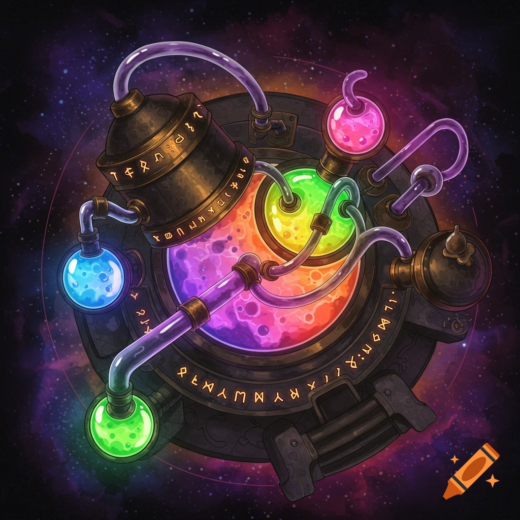 Top-down view of a fantasy alchemy apparatus with glowing colorful liquids, tubes, and rune-like symbols against a starry space background.
