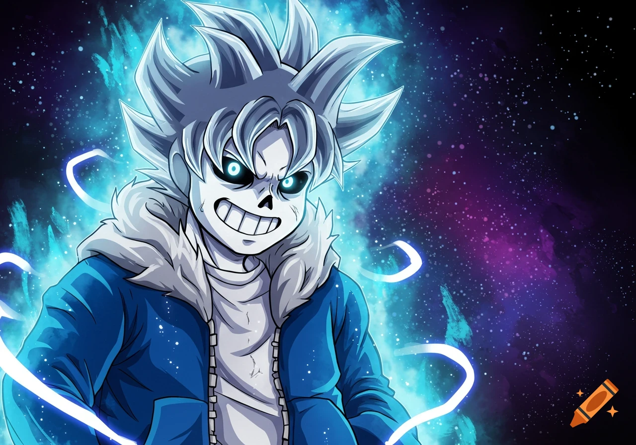 Cartoon fusion of Sans from Undertale and Ultra Instinct Goku with blue aura against cosmic background.