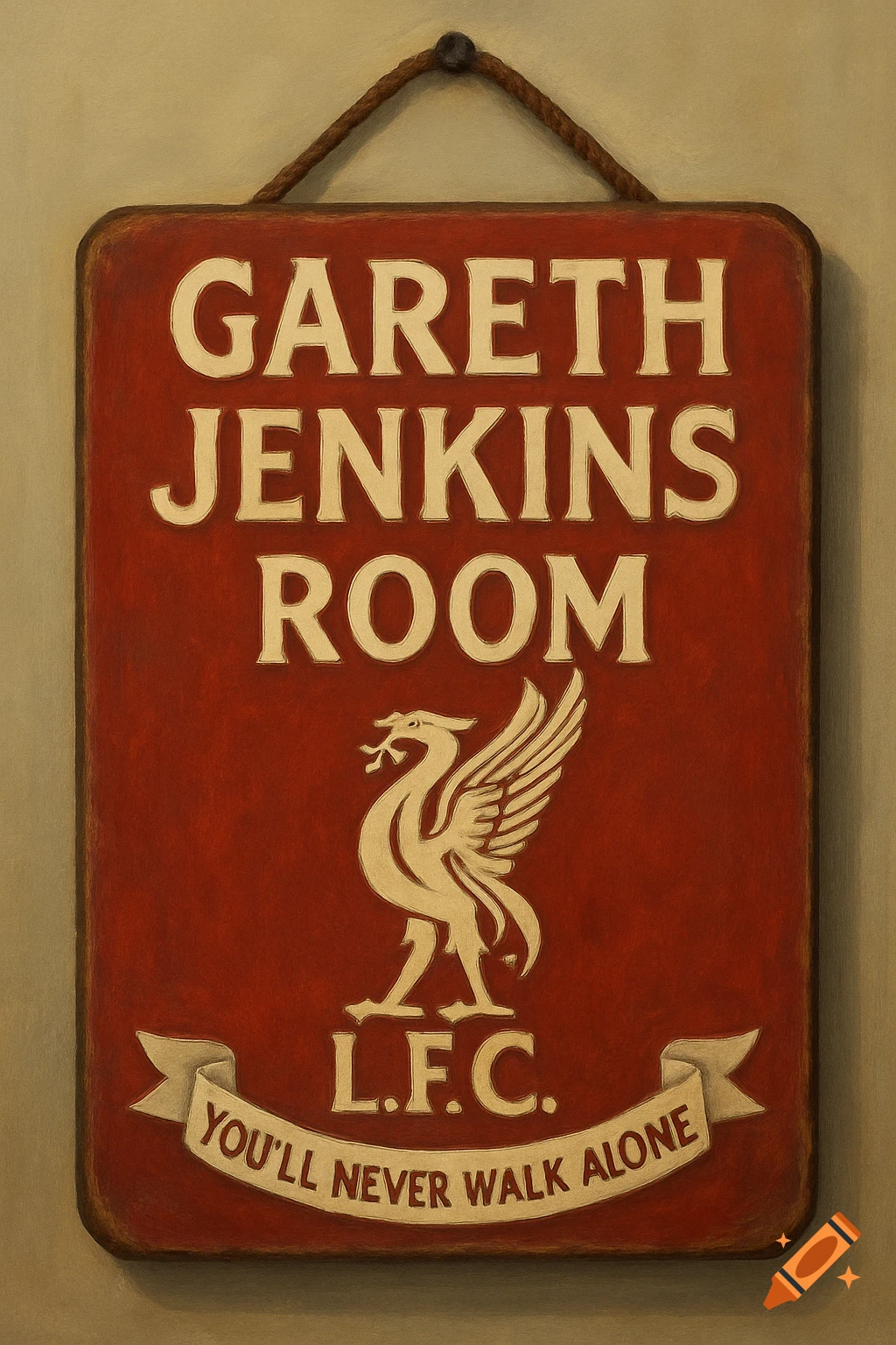 A red hanging sign with white text that reads "Gareth Jenkins Room" and features the Liverpool F.C. crest, "L.F.C.", and "You'll Never Walk Alone".