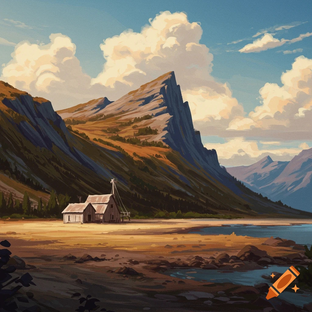 A small building by a lake at the foot of a large mountain peak under a cloudy sky.