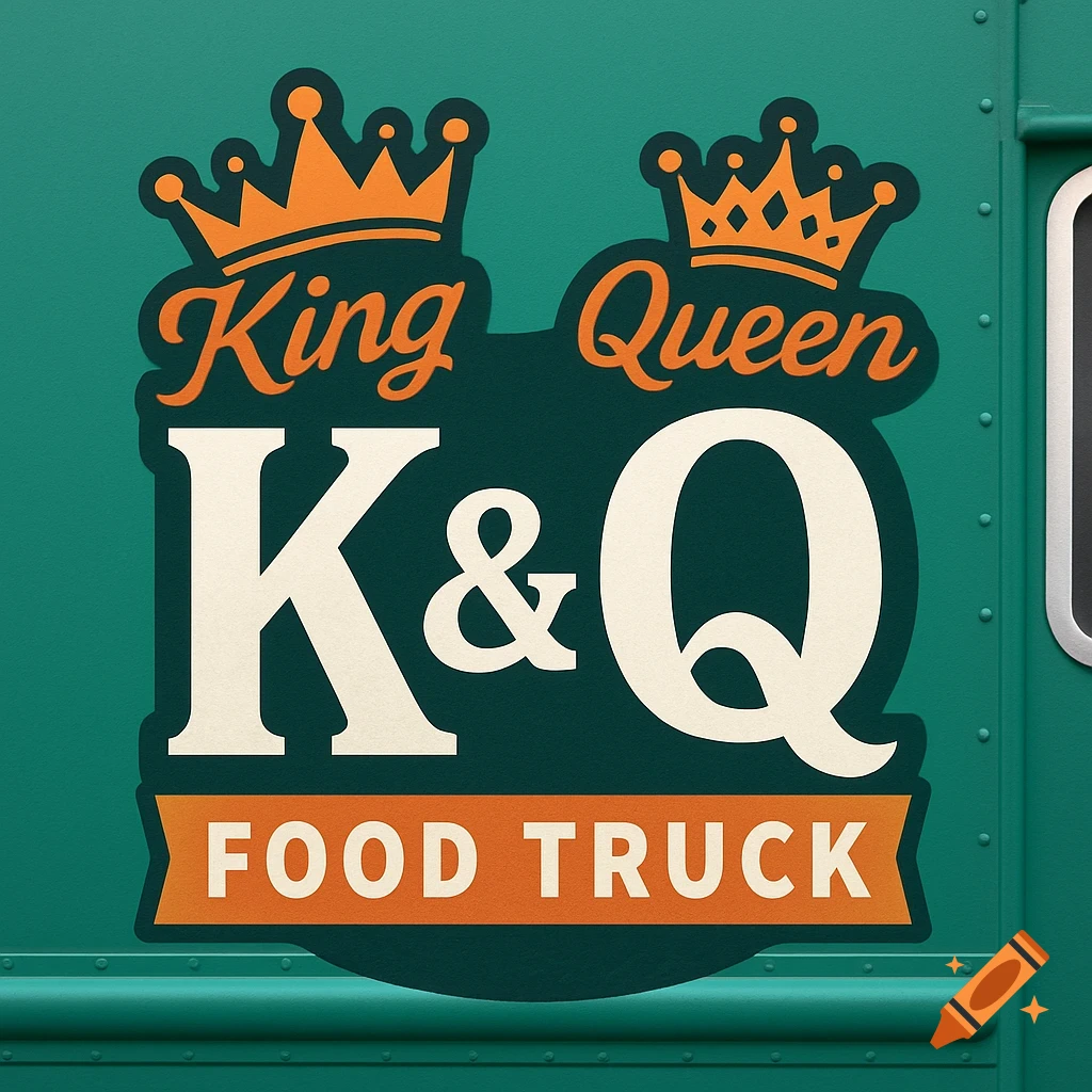 Logo on a green food truck with two crowns and the text King Queen K&Q FOOD TRUCK