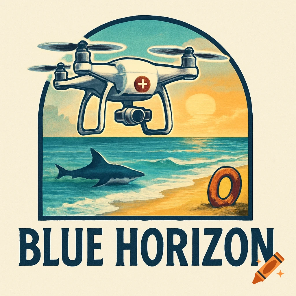 Logo showing a drone over a beach with a shark and life ring, text reads BLUE HORIZON. Stylized illustration.