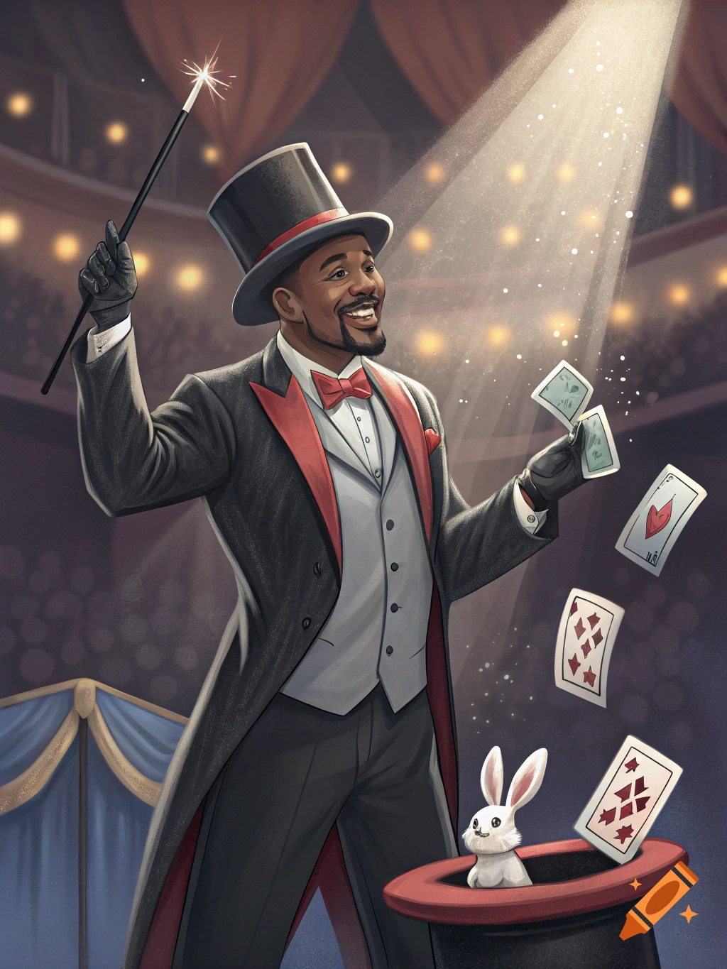 An illustration of a magician performing on a stage, holding a wand and levitating playing cards as a rabbit peeks from a hat.