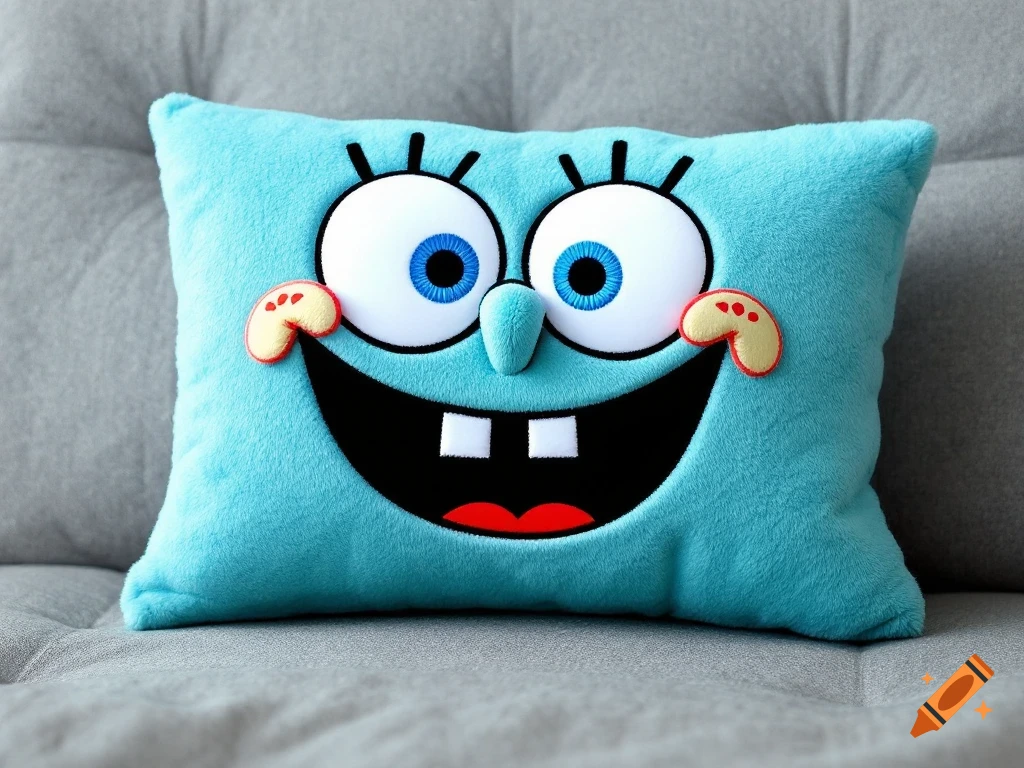 A light blue plush pillow shaped like SpongeBob's face on a grey couch.